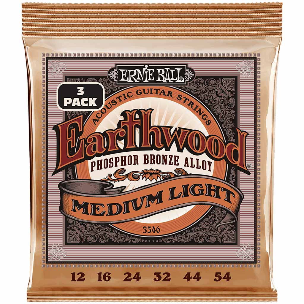 Ernie Ball Earthwood Medium Light Phosphor Bronze 12-54 Acoustic Guitar String 3 Pack