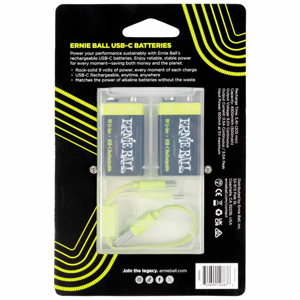Ernie Ball USB-C Rechargeable 9V Battery by Paleblue 2-Pack