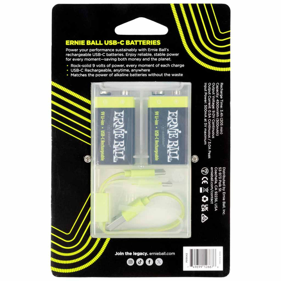 Ernie Ball USB-C Rechargeable 9V Battery by Paleblue 2-Pack