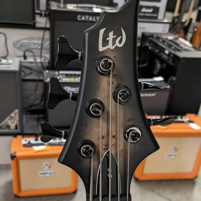 Used ESP LTD D-5 Bass Guitar Black Natural Burst Satin Front View of Headstock