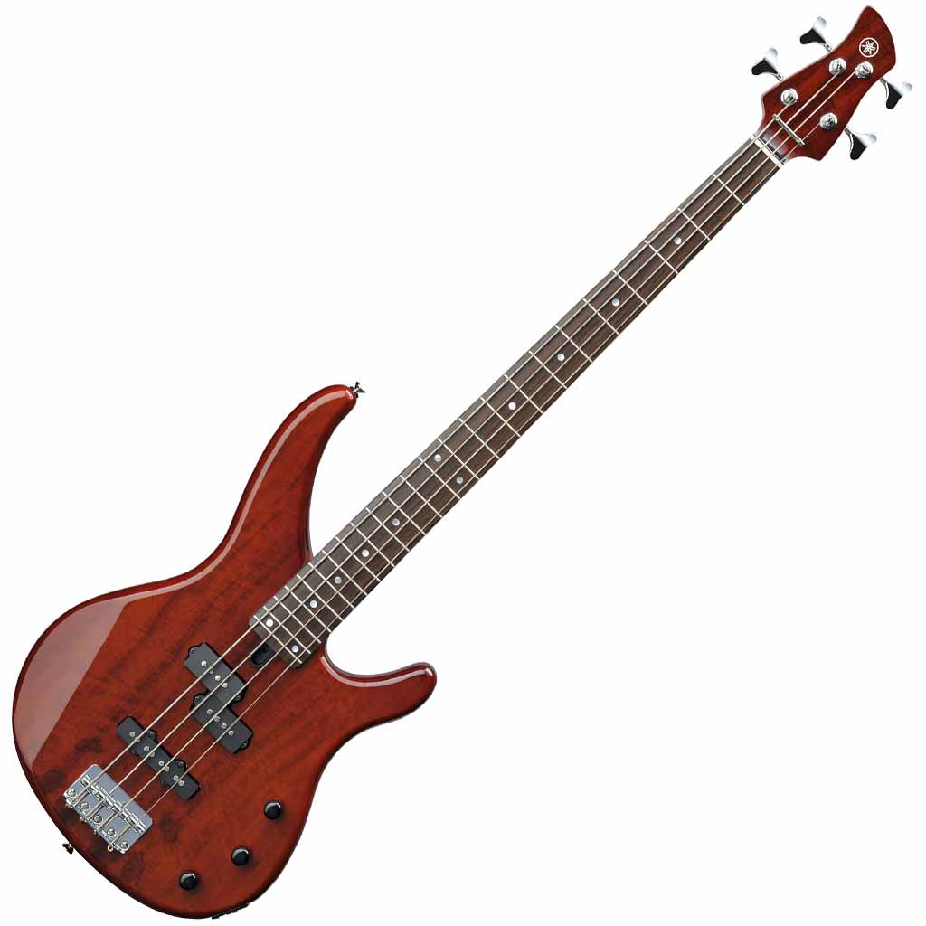 Yamaha TRBX174EW 4-String Bass Guitar with Exotic Wood Top in Root Beer