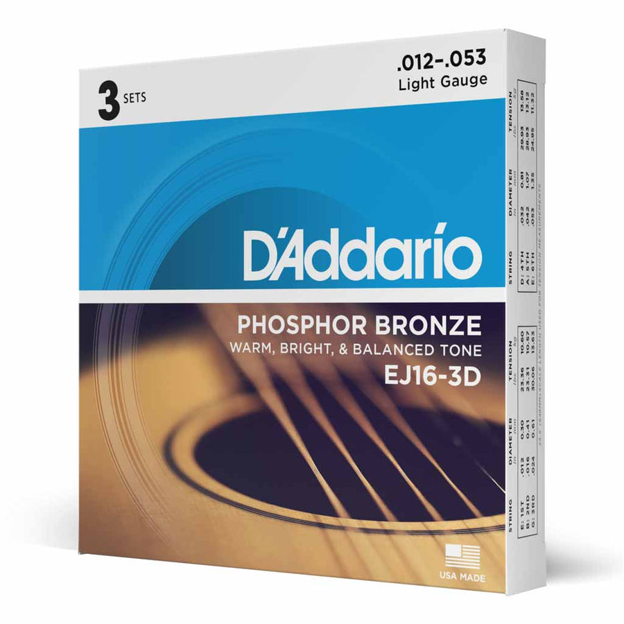 D'Addario EJ16-3D Regular Light 12-53 Phosphor Bronze Acoustic Guitar String 3 Pack