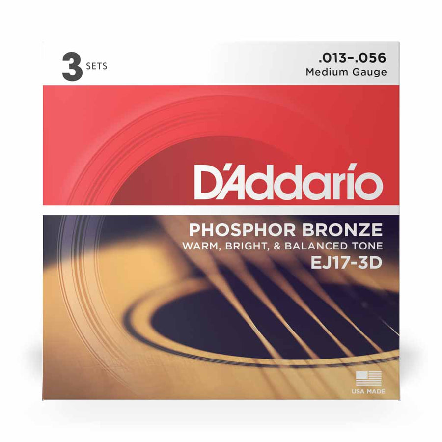 D'Addario EJ17-3D Medium 13-56 Phosphor Bronze Acoustic Guitar String 3 Pack