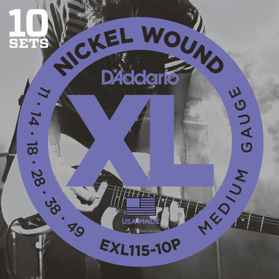 D'Addario EXL115-10P Nickel Blues/Jazz Rock Wound Electric Guitar Strings 11-49 10-Pack