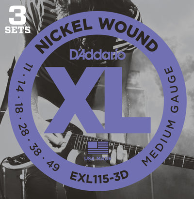 D'Addario EXL115-3D Nickel Blues/Jazz Rock Wound Electric Guitar Strings 11-49 3-Pack