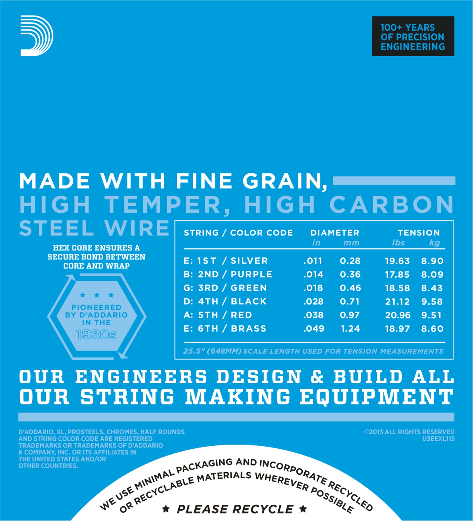 D'Addario EXL115 Nickel Wound Blues/Jazz Rock Electric Guitar Strings 11-49