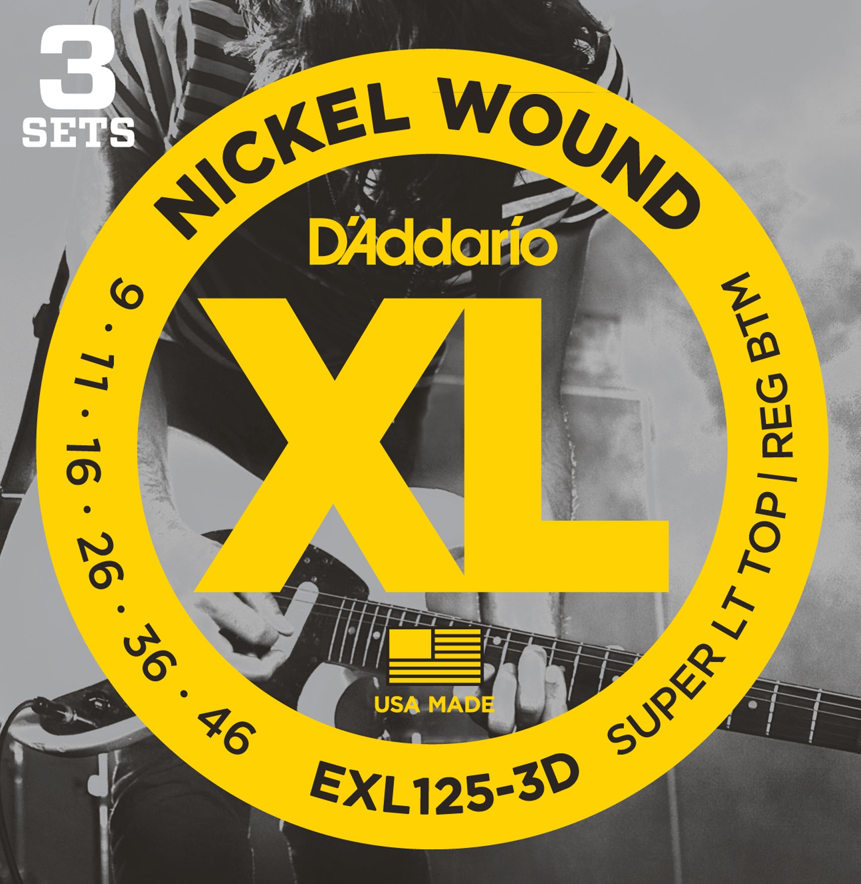 D'Addario EXL125-3D Nickel Wound Super Light Top/Regular Bottom Electric Guitar Strings 9-42 3-Pack
