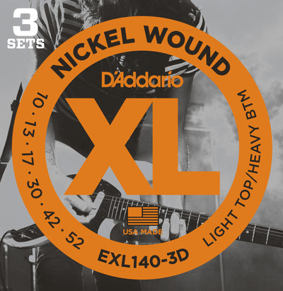 D'Addario EXL140-3D Nickel Wound Light Top/Heavy Bottom Electric Guitar String 10-52 3-Pack