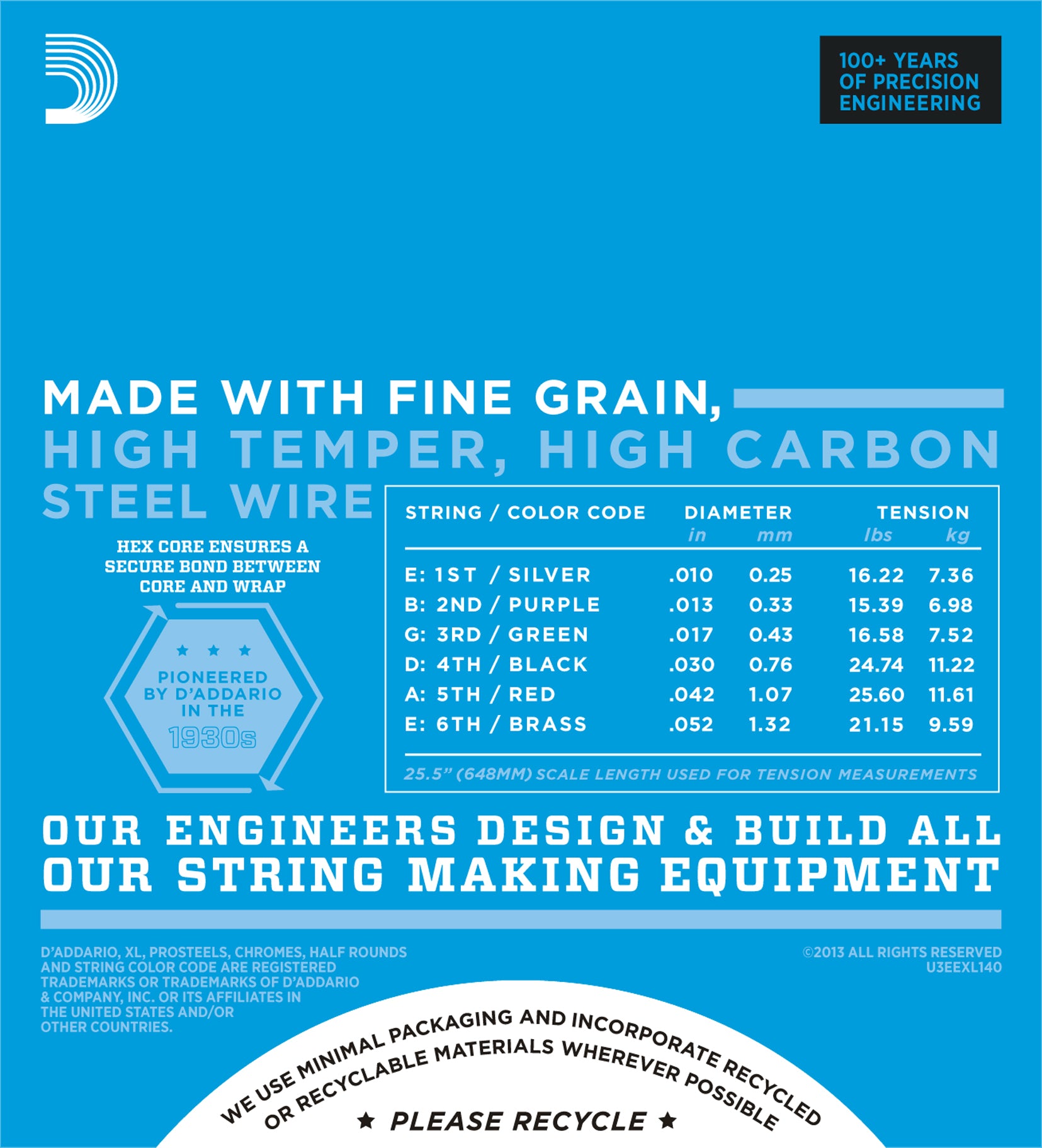 D'Addario EXL140-3D Nickel Wound Light Top/Heavy Bottom Electric Guitar String 10-52 3-Pack