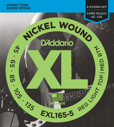 D'Addario EXL165 5-String Nickel Wound Custom Light Bass Guitar Strings 45-135 Long Scale