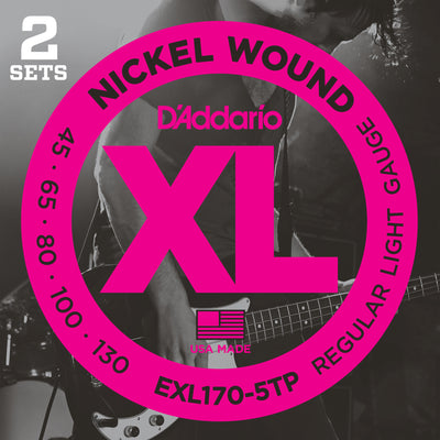 D'Addario EXL170-5TP Nickel Wound Light Bass Guitar Strings 45-130 Long Scale 2-Pack
