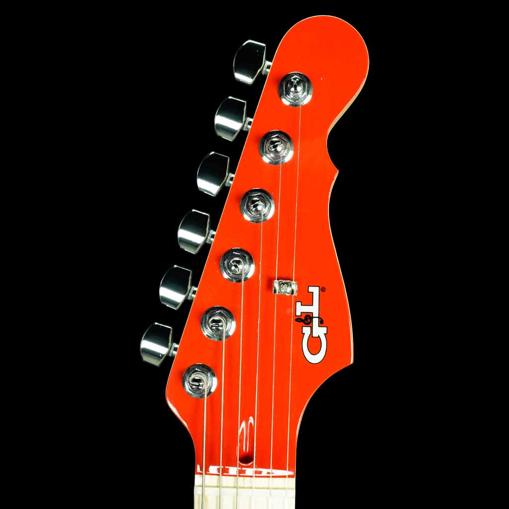 G&L USA Legacy HSS Electric Guitar in Hugger Orange with Maple Fretboard Black Pickguard and Matching Painted Headstock