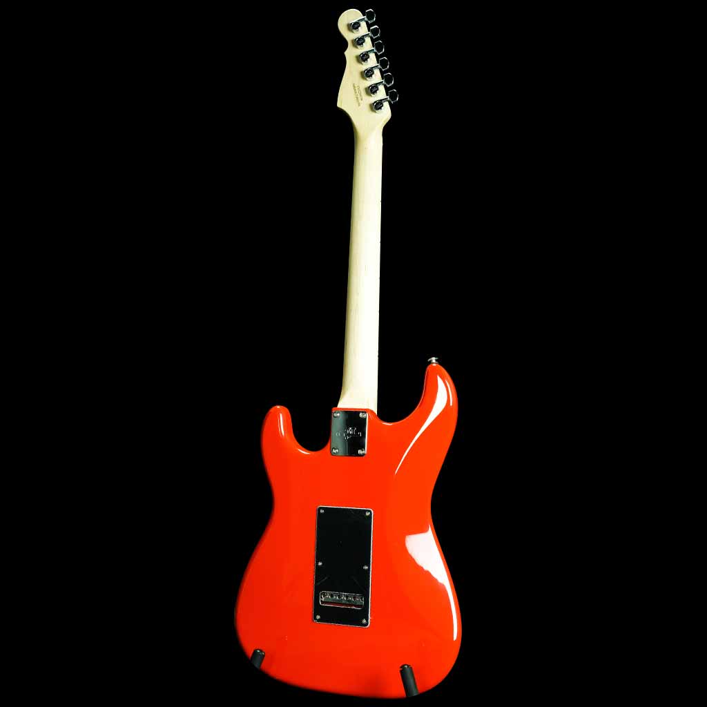 G&L USA Legacy HSS Electric Guitar in Hugger Orange with Maple Fretboard Black Pickguard and Matching Painted Headstock