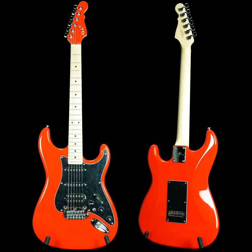 G&L USA Legacy HSS Electric Guitar in Hugger Orange with Maple Fretboard Black Pickguard and Matching Painted Headstock