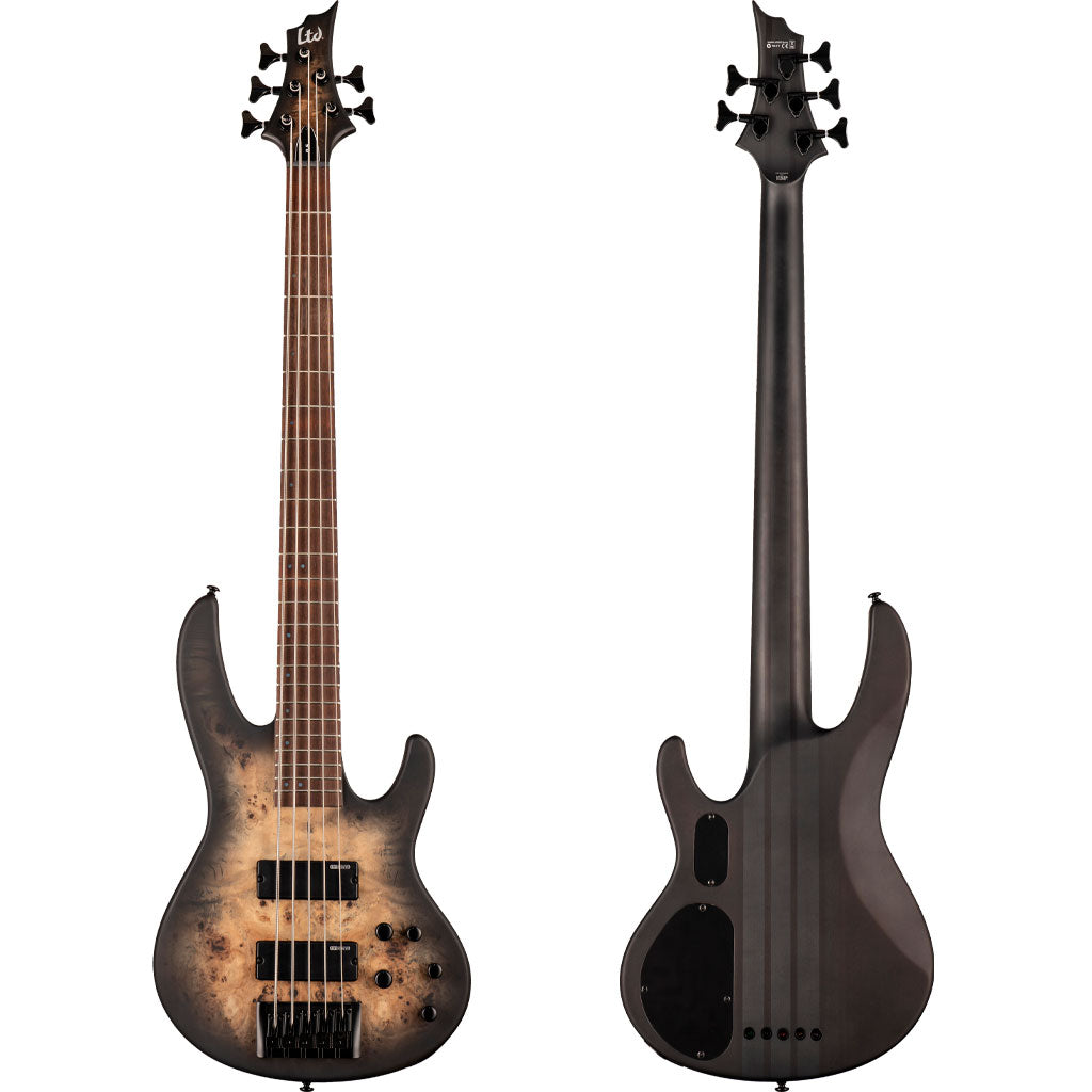 ESP LTD D-5 Series 5-String Bass Guitar w/Burled Poplar Top in Satin Black Natural Burst