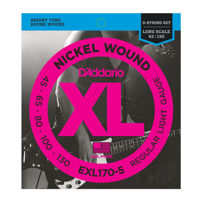 D'Addario EXL170-5 5-String Nickel Wound Light Bass Guitar Strings 45-130 Long Scale
